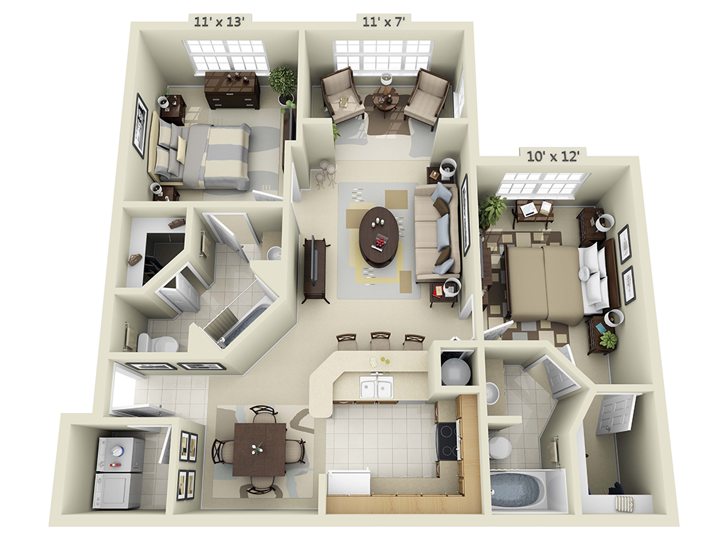 Floor plan for 2 beds, 2 baths, 962 sqft